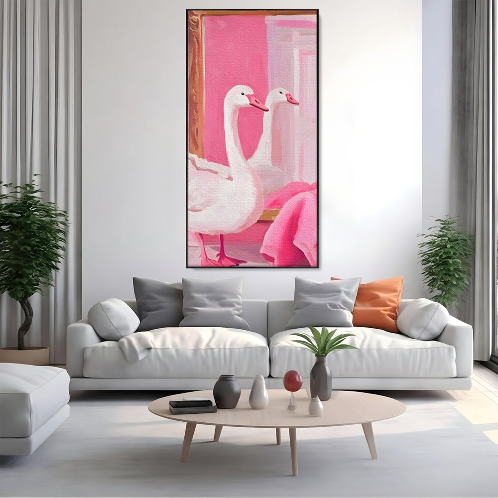 Leinwand Wandkunst Canvas Premium, LuxCanva® M1529, Enchanted Mirror, Schwan, Rosa, Handtuch, Badezimmer, Badezimmer, Spiegel, Spiegel, Reflexion, Adorable, Sauber, Schlafzimmer, Büro, Wohnen, Kinderzimmer