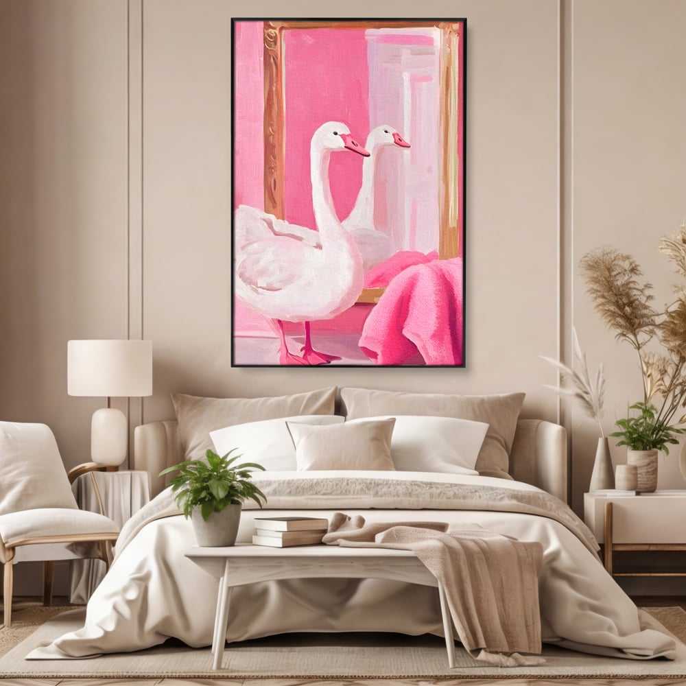 Leinwand Wandkunst Canvas Premium, LuxCanva® M1529, Enchanted Mirror, Schwan, Rosa, Handtuch, Badezimmer, Badezimmer, Spiegel, Spiegel, Reflexion, Adorable, Sauber, Schlafzimmer, Büro, Wohnen, Kinderzimmer