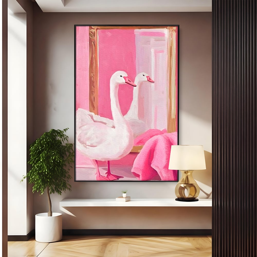 Leinwand Wandkunst Canvas Premium, LuxCanva® M1529, Enchanted Mirror, Schwan, Rosa, Handtuch, Badezimmer, Badezimmer, Spiegel, Spiegel, Reflexion, Adorable, Sauber, Schlafzimmer, Büro, Wohnen, Kinderzimmer