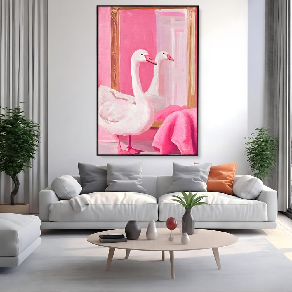 Leinwand Wandkunst Canvas Premium, LuxCanva® M1529, Enchanted Mirror, Schwan, Rosa, Handtuch, Badezimmer, Badezimmer, Spiegel, Spiegel, Reflexion, Adorable, Sauber, Schlafzimmer, Büro, Wohnen, Kinderzimmer