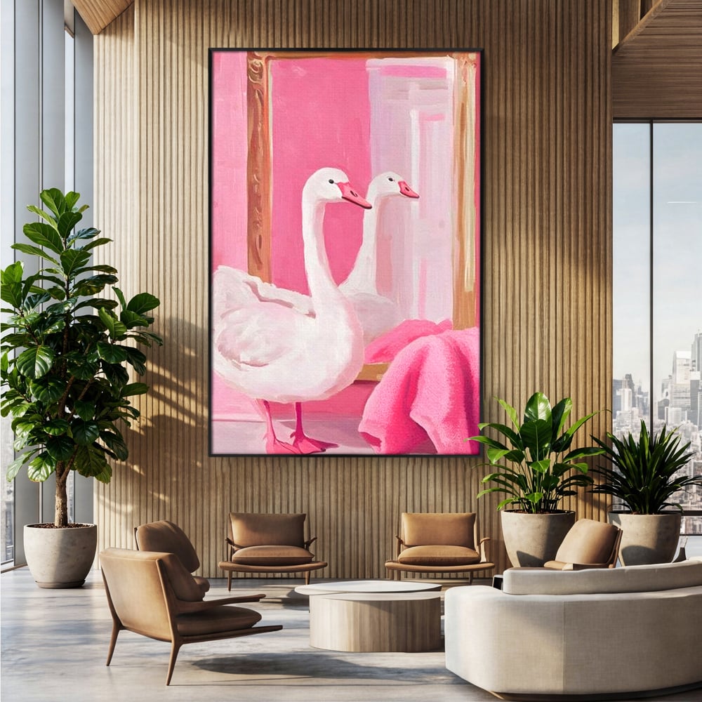 Leinwand Wandkunst Canvas Premium, LuxCanva® M1529, Enchanted Mirror, Schwan, Rosa, Handtuch, Badezimmer, Badezimmer, Spiegel, Spiegel, Reflexion, Adorable, Sauber, Schlafzimmer, Büro, Wohnen, Kinderzimmer
