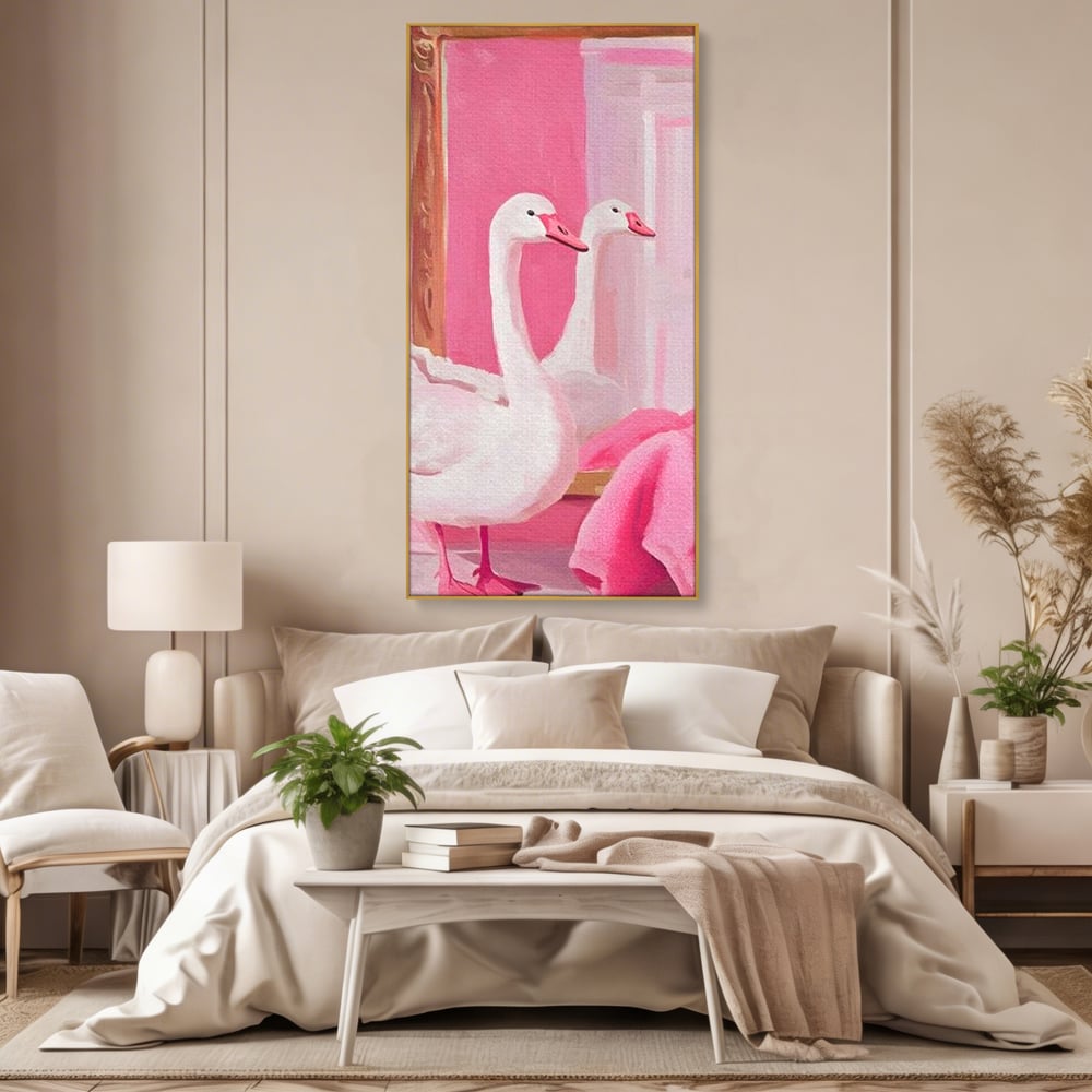 Leinwand Wandkunst Canvas Premium, LuxCanva® M1529, Enchanted Mirror, Schwan, Rosa, Handtuch, Badezimmer, Badezimmer, Spiegel, Spiegel, Reflexion, Adorable, Sauber, Schlafzimmer, Büro, Wohnen, Kinderzimmer