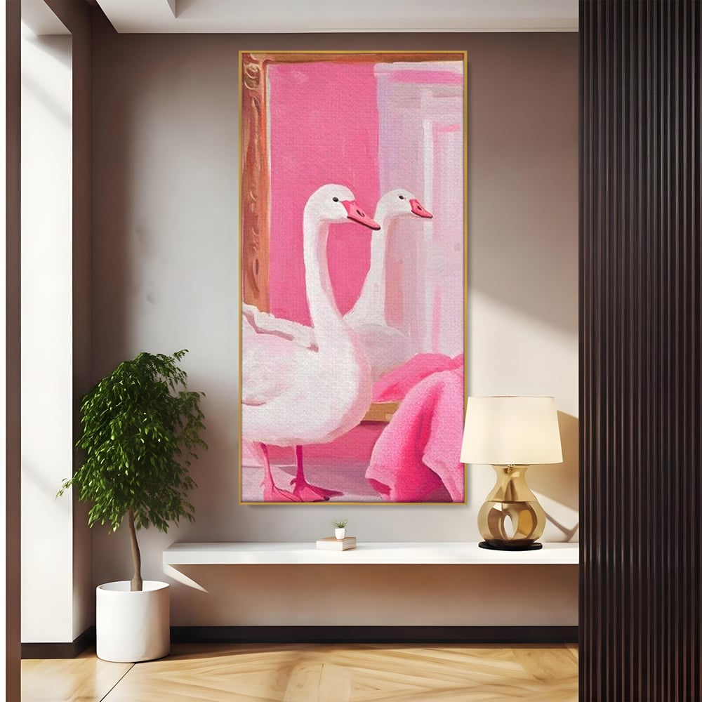 Leinwand Wandkunst Canvas Premium, LuxCanva® M1529, Enchanted Mirror, Schwan, Rosa, Handtuch, Badezimmer, Badezimmer, Spiegel, Spiegel, Reflexion, Adorable, Sauber, Schlafzimmer, Büro, Wohnen, Kinderzimmer