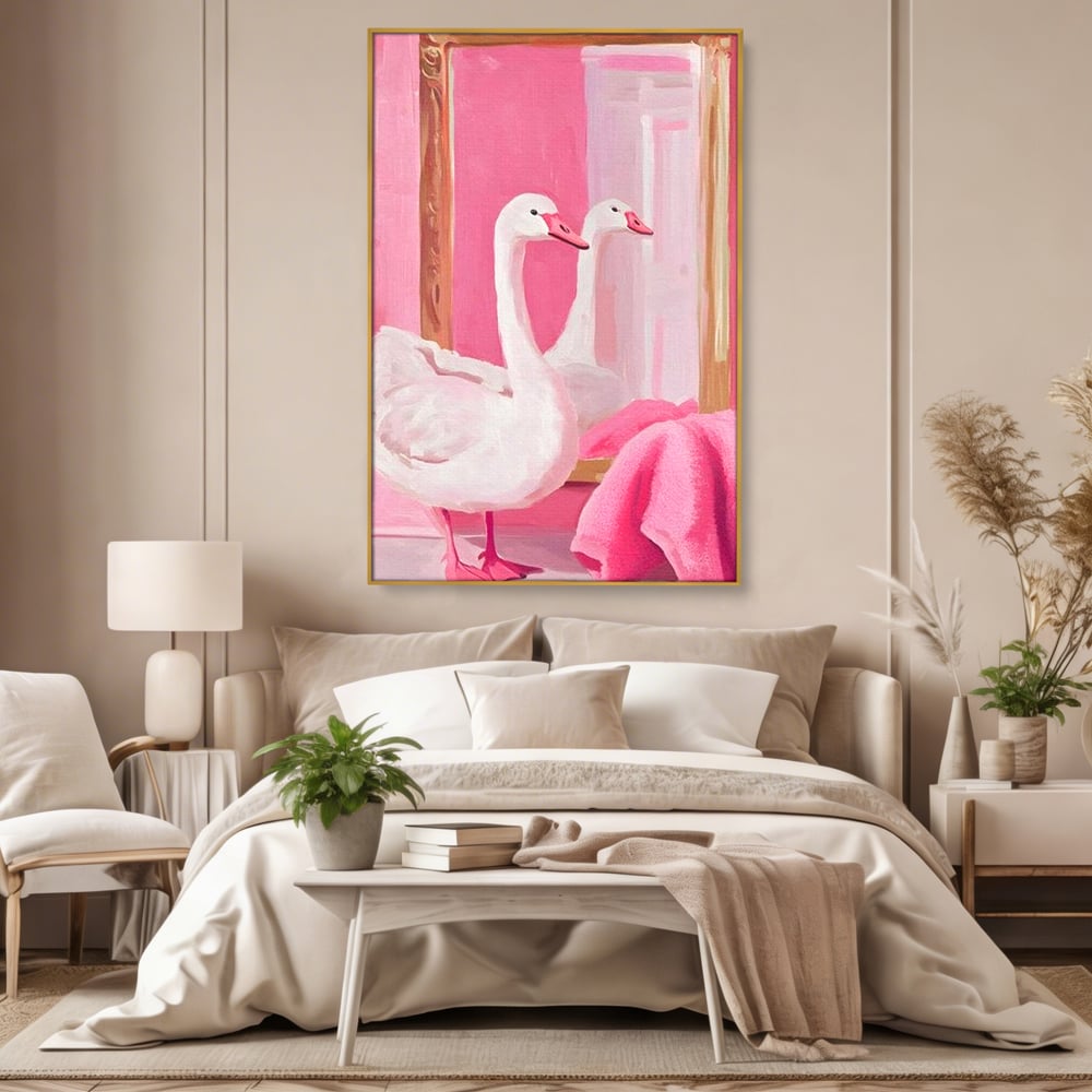 Leinwand Wandkunst Canvas Premium, LuxCanva® M1529, Enchanted Mirror, Schwan, Rosa, Handtuch, Badezimmer, Badezimmer, Spiegel, Spiegel, Reflexion, Adorable, Sauber, Schlafzimmer, Büro, Wohnen, Kinderzimmer
