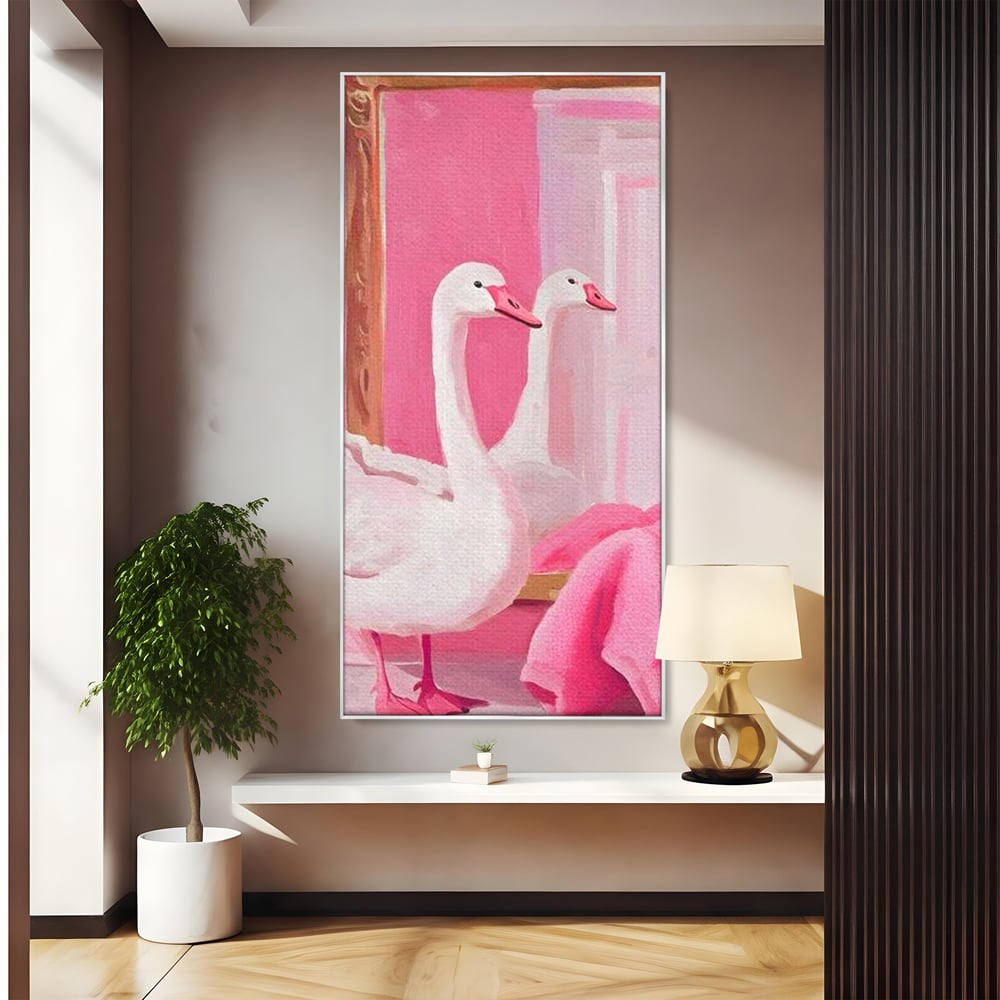 Leinwand Wandkunst Canvas Premium, LuxCanva® M1529, Enchanted Mirror, Schwan, Rosa, Handtuch, Badezimmer, Badezimmer, Spiegel, Spiegel, Reflexion, Adorable, Sauber, Schlafzimmer, Büro, Wohnen, Kinderzimmer