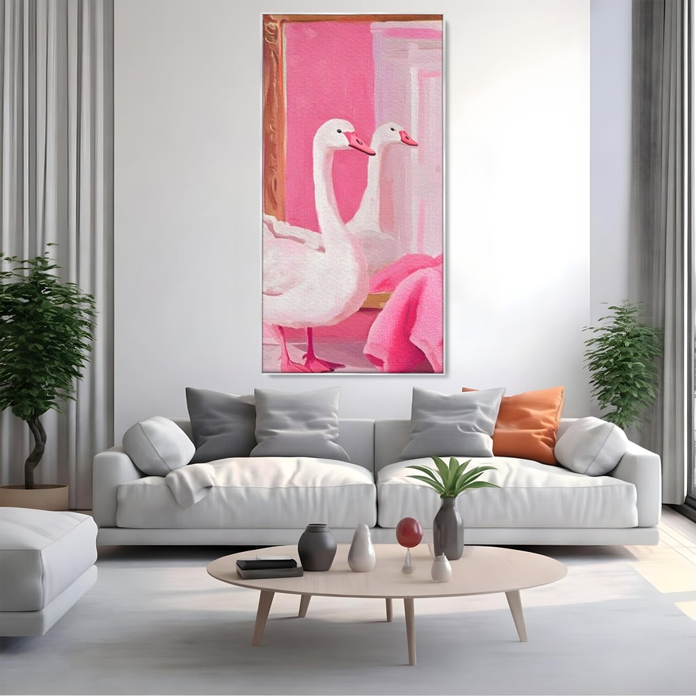 Leinwand Wandkunst Canvas Premium, LuxCanva® M1529, Enchanted Mirror, Schwan, Rosa, Handtuch, Badezimmer, Badezimmer, Spiegel, Spiegel, Reflexion, Adorable, Sauber, Schlafzimmer, Büro, Wohnen, Kinderzimmer
