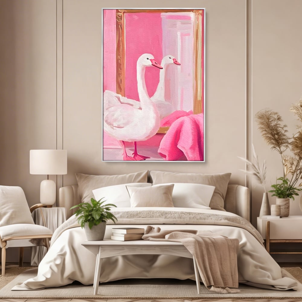 Leinwand Wandkunst Canvas Premium, LuxCanva® M1529, Enchanted Mirror, Schwan, Rosa, Handtuch, Badezimmer, Badezimmer, Spiegel, Spiegel, Reflexion, Adorable, Sauber, Schlafzimmer, Büro, Wohnen, Kinderzimmer