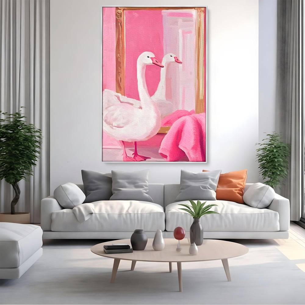 Leinwand Wandkunst Canvas Premium, LuxCanva® M1529, Enchanted Mirror, Schwan, Rosa, Handtuch, Badezimmer, Badezimmer, Spiegel, Spiegel, Reflexion, Adorable, Sauber, Schlafzimmer, Büro, Wohnen, Kinderzimmer