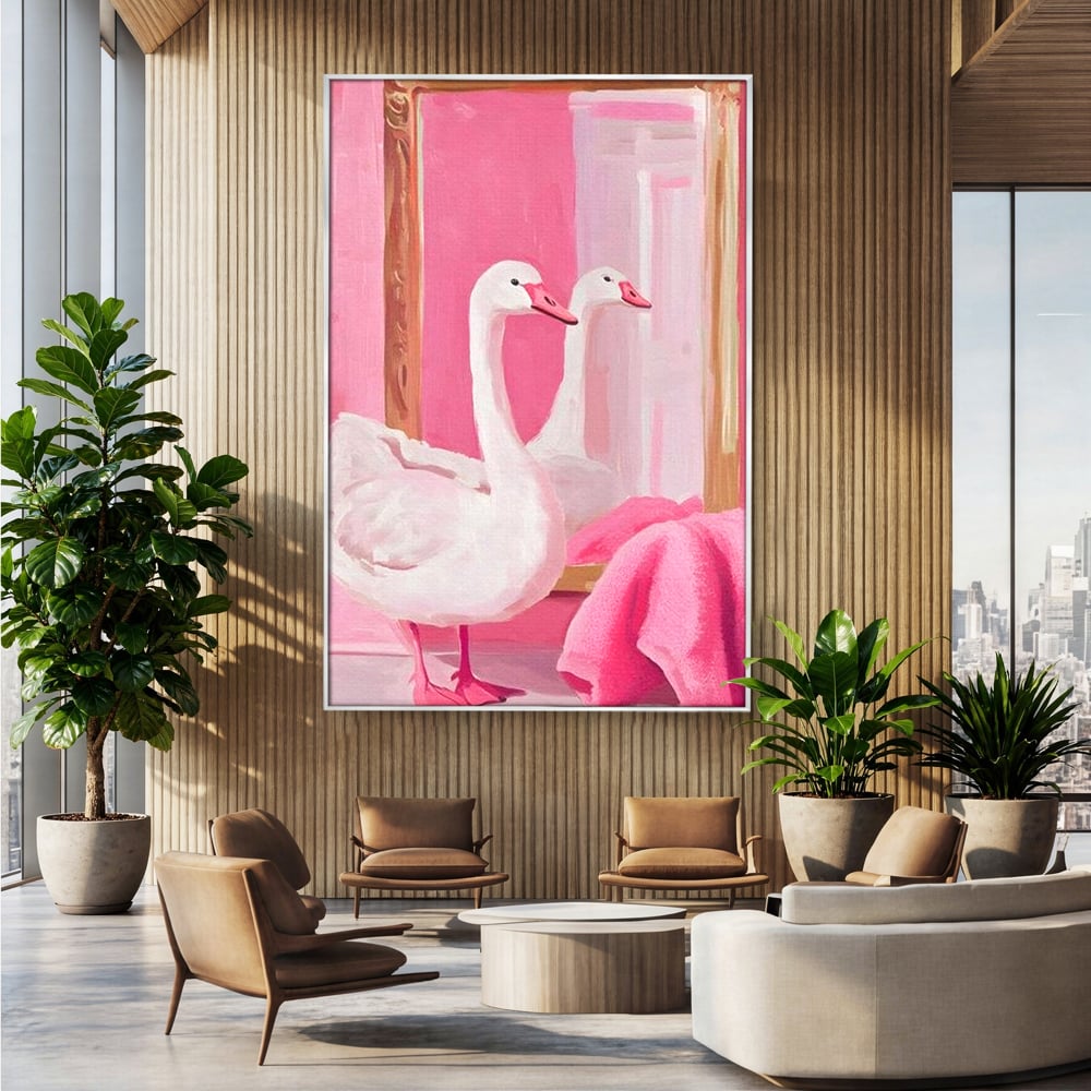Leinwand Wandkunst Canvas Premium, LuxCanva® M1529, Enchanted Mirror, Schwan, Rosa, Handtuch, Badezimmer, Badezimmer, Spiegel, Spiegel, Reflexion, Adorable, Sauber, Schlafzimmer, Büro, Wohnen, Kinderzimmer
