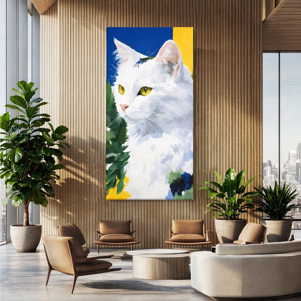Leinwand Wandkunst Premium, LuxCanva® M1530, Im Sonnengarten, Katze, Tier, Katze, abstrakte Kunst, Blätter, Vegetation, Schnurrbart, Schlafzimmer, Büro, Wohnzimmer, Babyzimmer