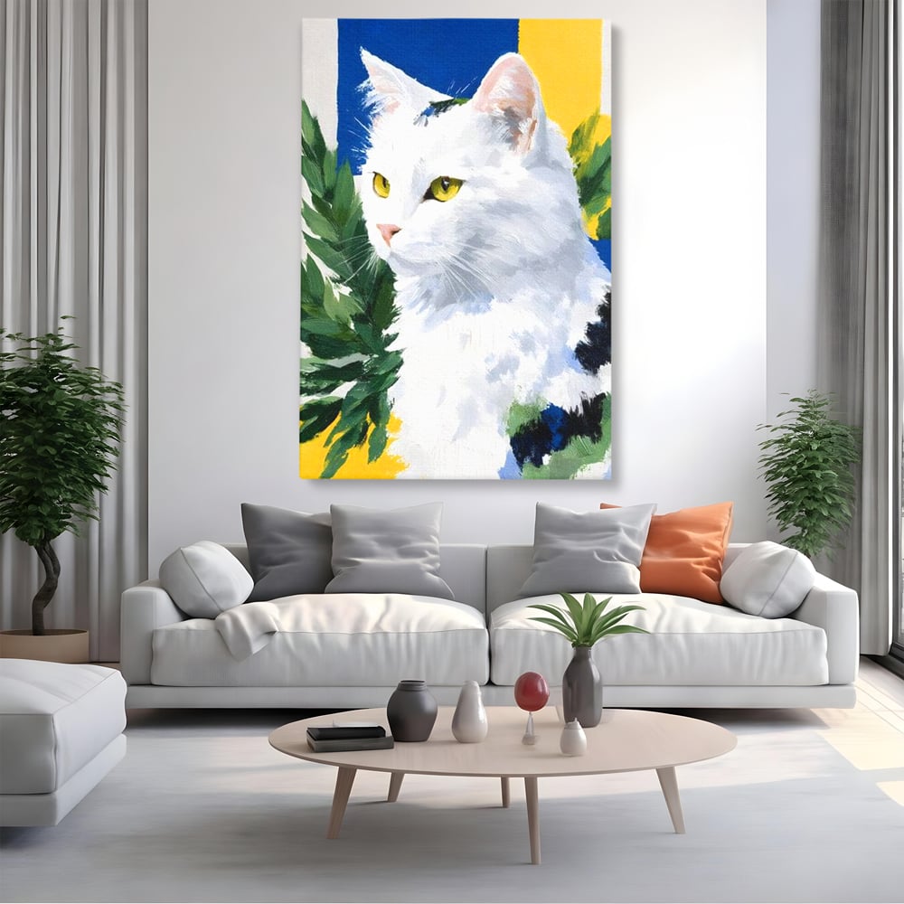 Leinwand Wandkunst Premium, LuxCanva® M1530, Im Sonnengarten, Katze, Tier, Katze, abstrakte Kunst, Blätter, Vegetation, Schnurrbart, Schlafzimmer, Büro, Wohnzimmer, Babyzimmer