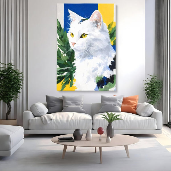 Leinwand Wandkunst Premium, LuxCanva® M1530, Im Sonnengarten, Katze, Tier, Katze, abstrakte Kunst, Blätter, Vegetation, Schnurrbart, Schlafzimmer, Büro, Wohnzimmer, Babyzimmer