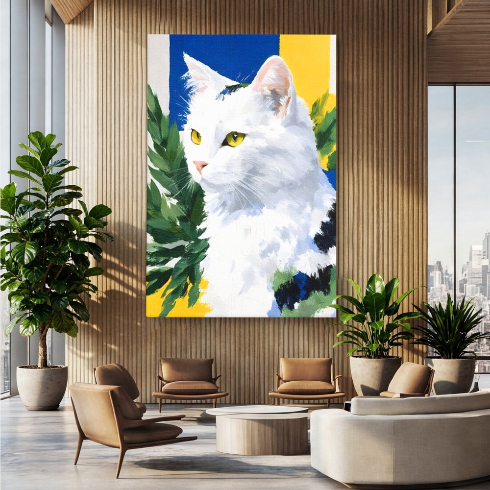 Leinwand Wandkunst Premium, LuxCanva® M1530, Im Sonnengarten, Katze, Tier, Katze, abstrakte Kunst, Blätter, Vegetation, Schnurrbart, Schlafzimmer, Büro, Wohnzimmer, Babyzimmer