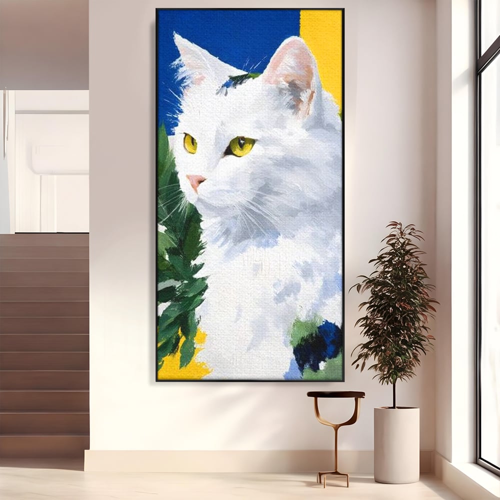 Leinwand Wandkunst Premium, LuxCanva® M1530, Im Sonnengarten, Katze, Tier, Katze, abstrakte Kunst, Blätter, Vegetation, Schnurrbart, Schlafzimmer, Büro, Wohnzimmer, Babyzimmer