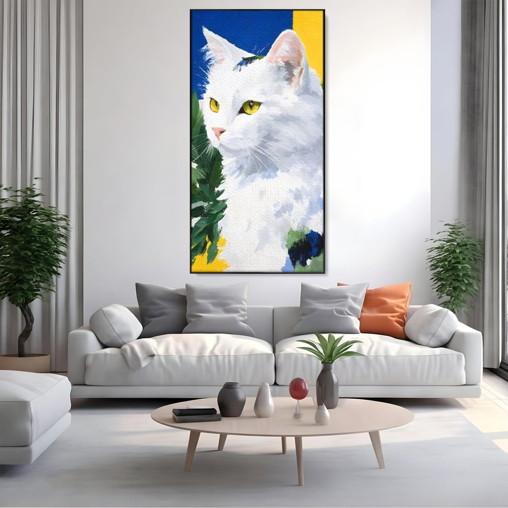 Leinwand Wandkunst Premium, LuxCanva® M1530, Im Sonnengarten, Katze, Tier, Katze, abstrakte Kunst, Blätter, Vegetation, Schnurrbart, Schlafzimmer, Büro, Wohnzimmer, Babyzimmer