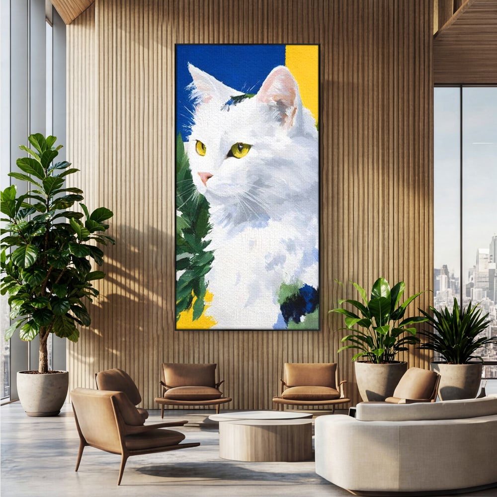 Leinwand Wandkunst Premium, LuxCanva® M1530, Im Sonnengarten, Katze, Tier, Katze, abstrakte Kunst, Blätter, Vegetation, Schnurrbart, Schlafzimmer, Büro, Wohnzimmer, Babyzimmer