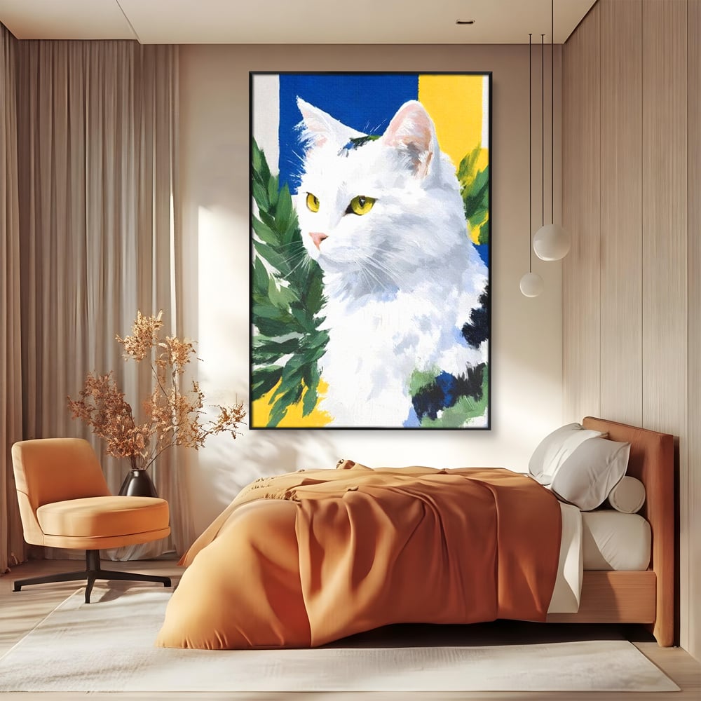 Leinwand Wandkunst Premium, LuxCanva® M1530, Im Sonnengarten, Katze, Tier, Katze, abstrakte Kunst, Blätter, Vegetation, Schnurrbart, Schlafzimmer, Büro, Wohnzimmer, Babyzimmer