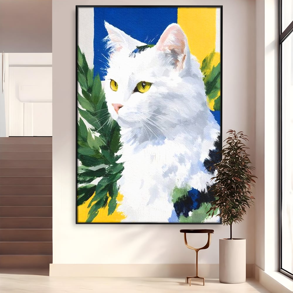 Leinwand Wandkunst Premium, LuxCanva® M1530, Im Sonnengarten, Katze, Tier, Katze, abstrakte Kunst, Blätter, Vegetation, Schnurrbart, Schlafzimmer, Büro, Wohnzimmer, Babyzimmer