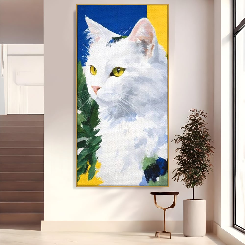 Leinwand Wandkunst Premium, LuxCanva® M1530, Im Sonnengarten, Katze, Tier, Katze, abstrakte Kunst, Blätter, Vegetation, Schnurrbart, Schlafzimmer, Büro, Wohnzimmer, Babyzimmer