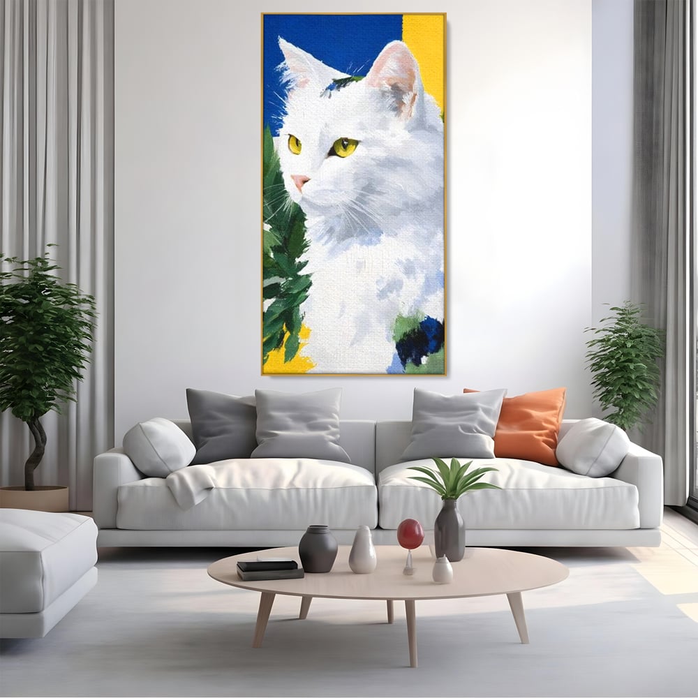 Leinwand Wandkunst Premium, LuxCanva® M1530, Im Sonnengarten, Katze, Tier, Katze, abstrakte Kunst, Blätter, Vegetation, Schnurrbart, Schlafzimmer, Büro, Wohnzimmer, Babyzimmer