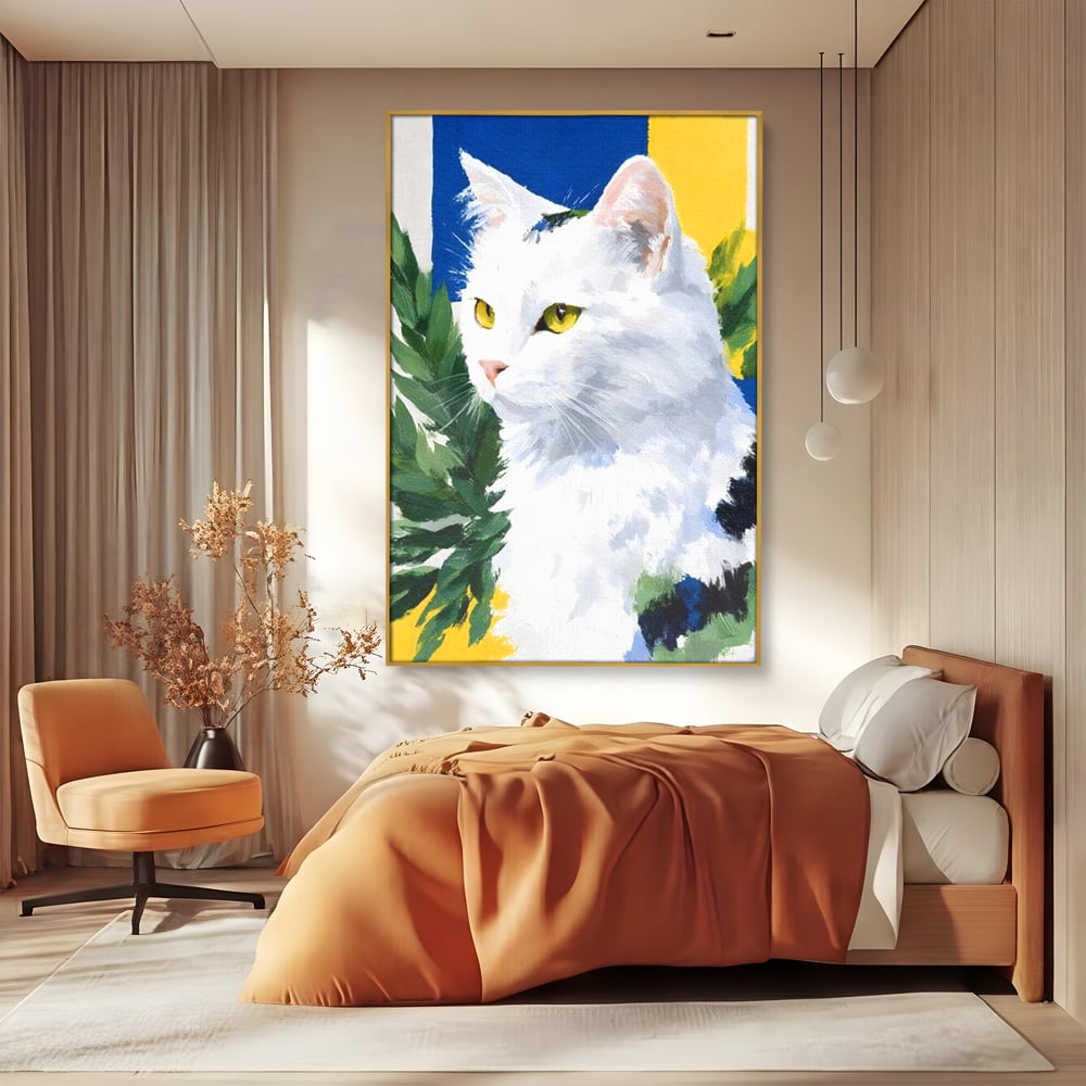 Leinwand Wandkunst Premium, LuxCanva® M1530, Im Sonnengarten, Katze, Tier, Katze, abstrakte Kunst, Blätter, Vegetation, Schnurrbart, Schlafzimmer, Büro, Wohnzimmer, Babyzimmer