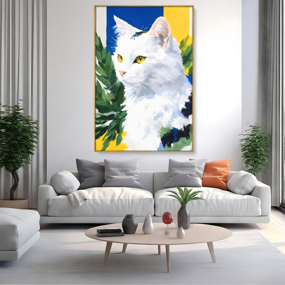 Leinwand Wandkunst Premium, LuxCanva® M1530, Im Sonnengarten, Katze, Tier, Katze, abstrakte Kunst, Blätter, Vegetation, Schnurrbart, Schlafzimmer, Büro, Wohnzimmer, Babyzimmer