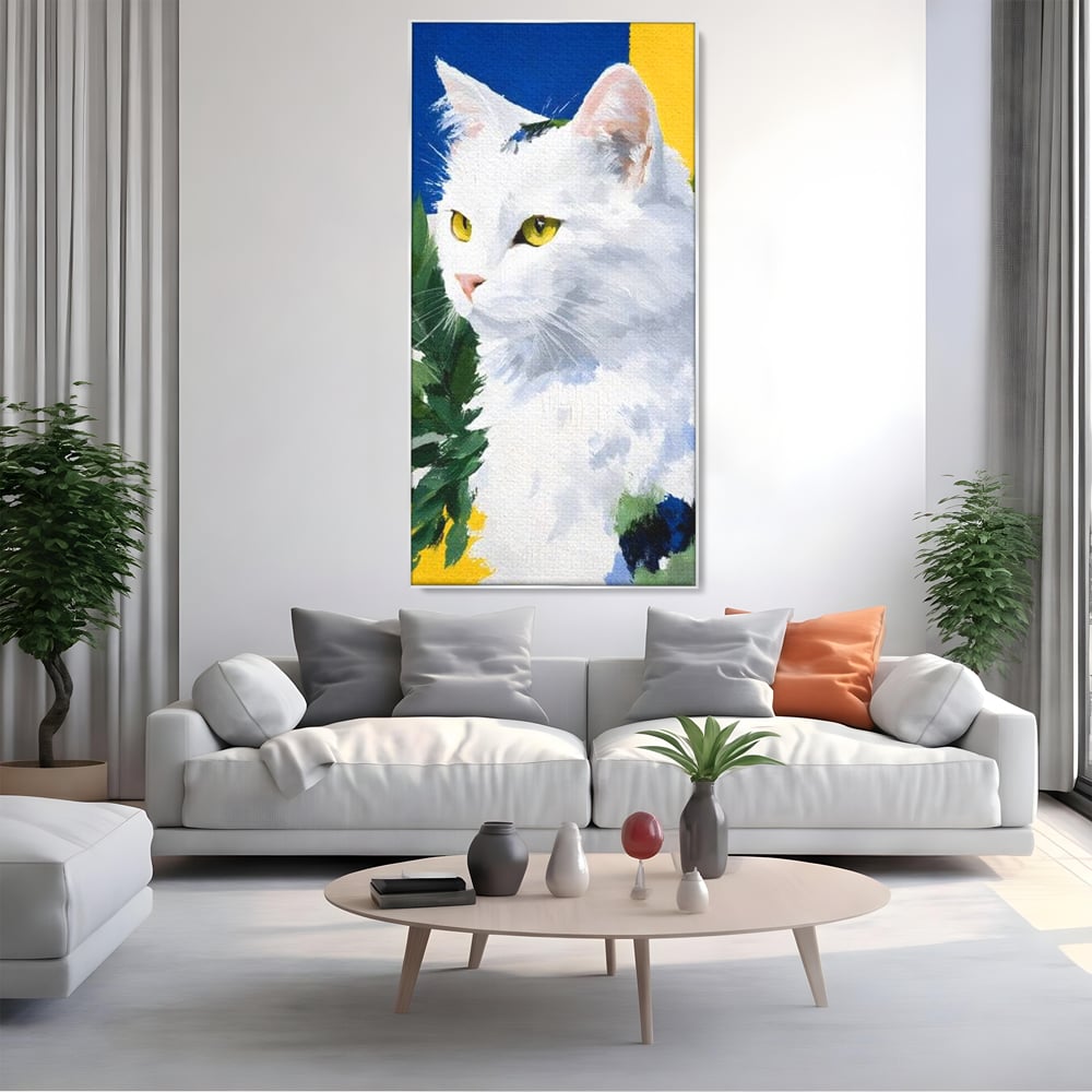 Leinwand Wandkunst Premium, LuxCanva® M1530, Im Sonnengarten, Katze, Tier, Katze, abstrakte Kunst, Blätter, Vegetation, Schnurrbart, Schlafzimmer, Büro, Wohnzimmer, Babyzimmer