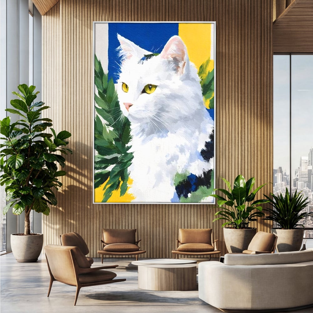 Leinwand Wandkunst Premium, LuxCanva® M1530, Im Sonnengarten, Katze, Tier, Katze, abstrakte Kunst, Blätter, Vegetation, Schnurrbart, Schlafzimmer, Büro, Wohnzimmer, Babyzimmer
