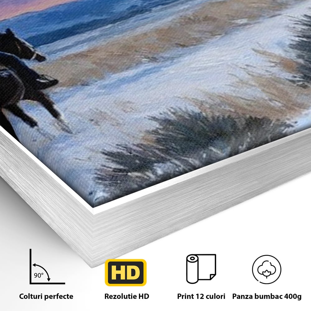 Tablou Canvas Premium, LuxCanva® M1532, Calaretul Singuratic, Calatorie, Aventura, Western, Cowboy, Armasar, Apus de Soare, Dormitor, Birou, Living, Camera Copil