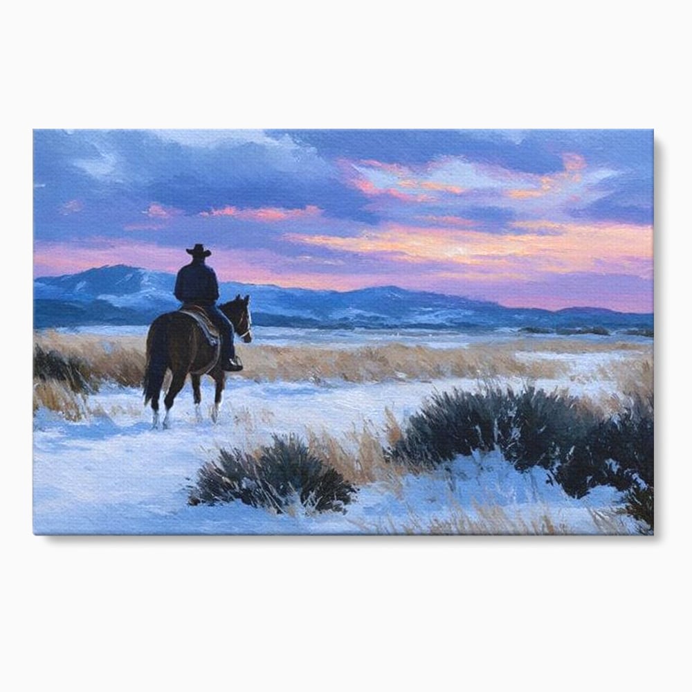 Tablou Canvas Premium, LuxCanva® M1532, Calaretul Singuratic, Calatorie, Aventura, Western, Cowboy, Armasar, Apus de Soare, Dormitor, Birou, Living, Camera Copil