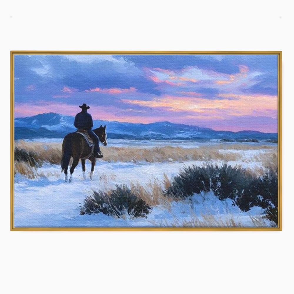 Tablou Canvas Premium, LuxCanva® M1532, Calaretul Singuratic, Calatorie, Aventura, Western, Cowboy, Armasar, Apus de Soare, Dormitor, Birou, Living, Camera Copil