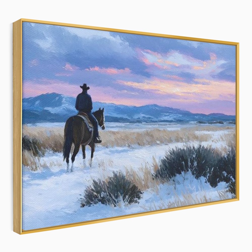 Tablou Canvas Premium, LuxCanva® M1532, Calaretul Singuratic, Calatorie, Aventura, Western, Cowboy, Armasar, Apus de Soare, Dormitor, Birou, Living, Camera Copil
