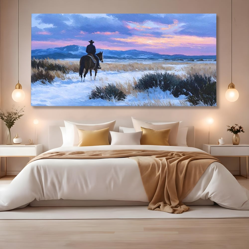 Tablou Canvas Premium, LuxCanva® M1532, Calaretul Singuratic, Calatorie, Aventura, Western, Cowboy, Armasar, Apus de Soare, Dormitor, Birou, Living, Camera Copil
