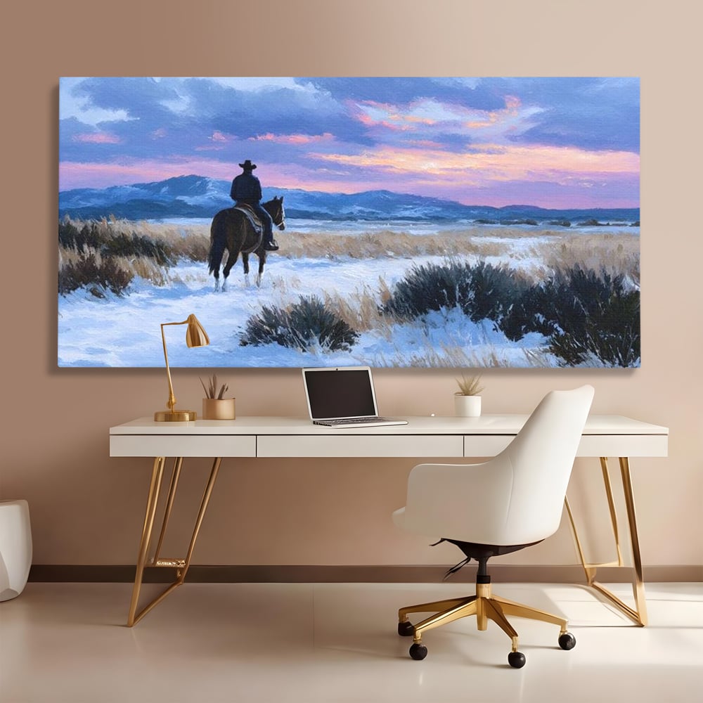 Tablou Canvas Premium, LuxCanva® M1532, Calaretul Singuratic, Calatorie, Aventura, Western, Cowboy, Armasar, Apus de Soare, Dormitor, Birou, Living, Camera Copil