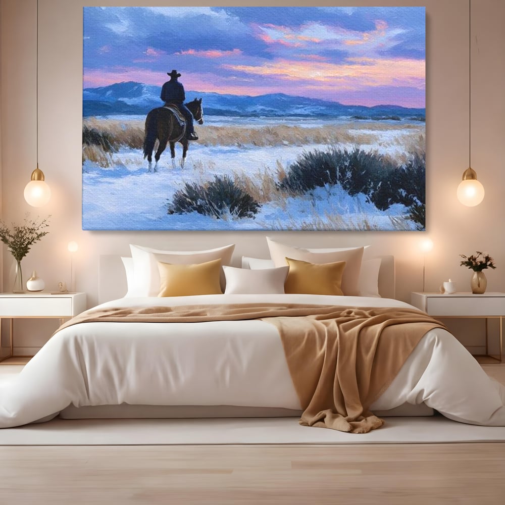 Tablou Canvas Premium, LuxCanva® M1532, Calaretul Singuratic, Calatorie, Aventura, Western, Cowboy, Armasar, Apus de Soare, Dormitor, Birou, Living, Camera Copil