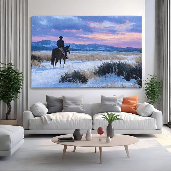 Tablou Canvas Premium, LuxCanva® M1532, Calaretul Singuratic, Calatorie, Aventura, Western, Cowboy, Armasar, Apus de Soare, Dormitor, Birou, Living, Camera Copil
