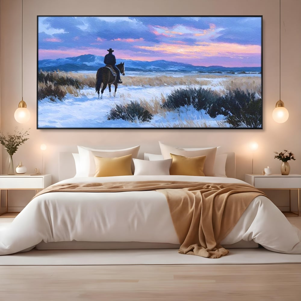 Tablou Canvas Premium, LuxCanva® M1532, Calaretul Singuratic, Calatorie, Aventura, Western, Cowboy, Armasar, Apus de Soare, Dormitor, Birou, Living, Camera Copil