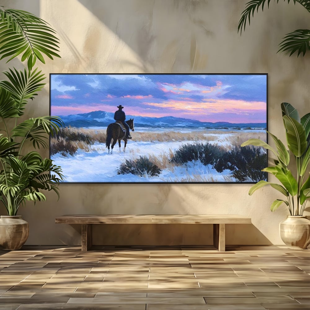 Tablou Canvas Premium, LuxCanva® M1532, Calaretul Singuratic, Calatorie, Aventura, Western, Cowboy, Armasar, Apus de Soare, Dormitor, Birou, Living, Camera Copil