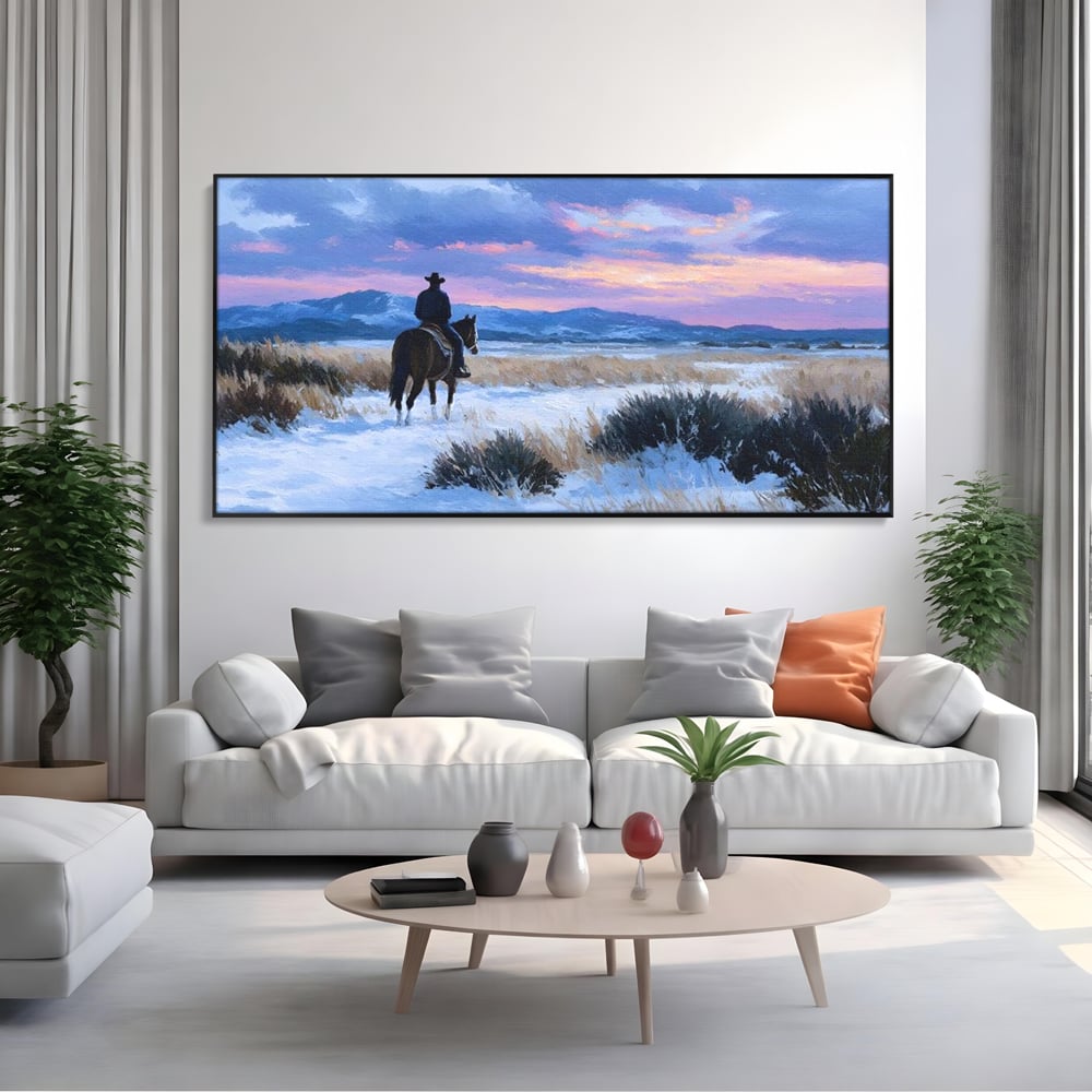 Tablou Canvas Premium, LuxCanva® M1532, Calaretul Singuratic, Calatorie, Aventura, Western, Cowboy, Armasar, Apus de Soare, Dormitor, Birou, Living, Camera Copil