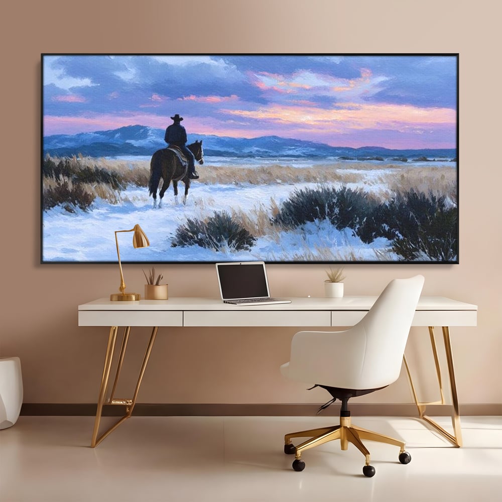 Tablou Canvas Premium, LuxCanva® M1532, Calaretul Singuratic, Calatorie, Aventura, Western, Cowboy, Armasar, Apus de Soare, Dormitor, Birou, Living, Camera Copil