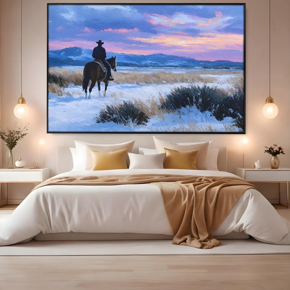 Tablou Canvas Premium, LuxCanva® M1532, Calaretul Singuratic, Calatorie, Aventura, Western, Cowboy, Armasar, Apus de Soare, Dormitor, Birou, Living, Camera Copil