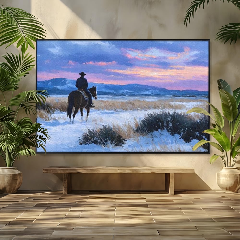 Tablou Canvas Premium, LuxCanva® M1532, Calaretul Singuratic, Calatorie, Aventura, Western, Cowboy, Armasar, Apus de Soare, Dormitor, Birou, Living, Camera Copil