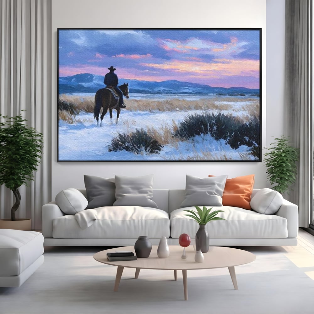 Tablou Canvas Premium, LuxCanva® M1532, Calaretul Singuratic, Calatorie, Aventura, Western, Cowboy, Armasar, Apus de Soare, Dormitor, Birou, Living, Camera Copil