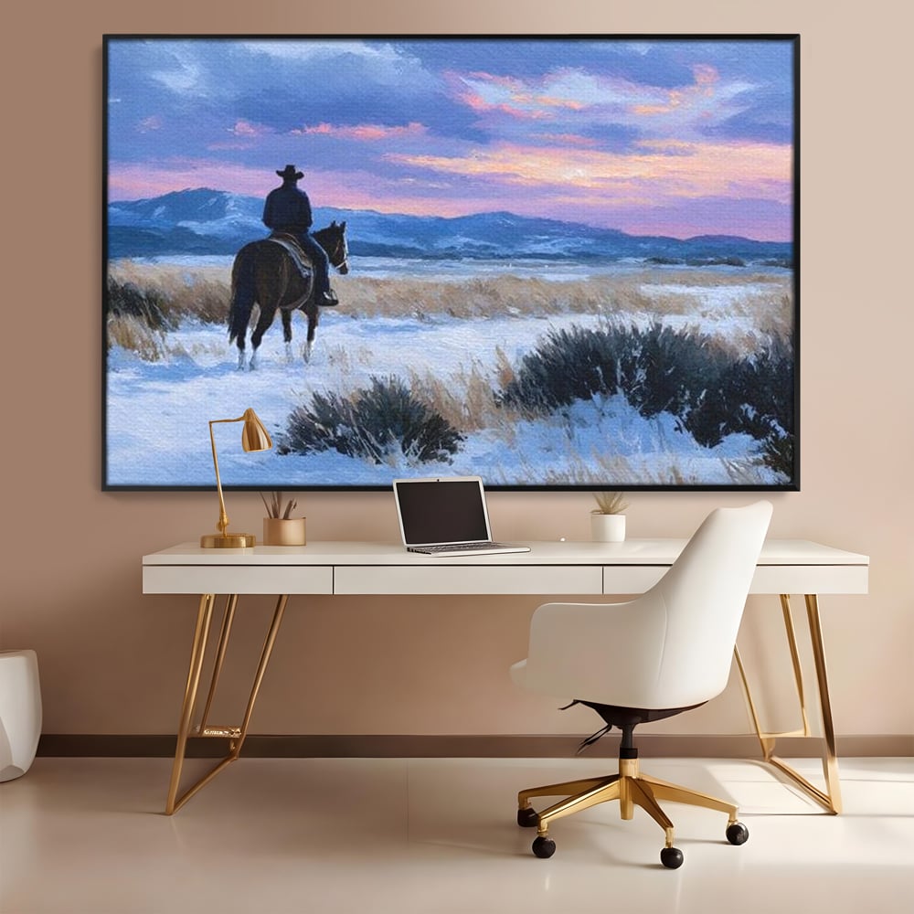 Tablou Canvas Premium, LuxCanva® M1532, Calaretul Singuratic, Calatorie, Aventura, Western, Cowboy, Armasar, Apus de Soare, Dormitor, Birou, Living, Camera Copil