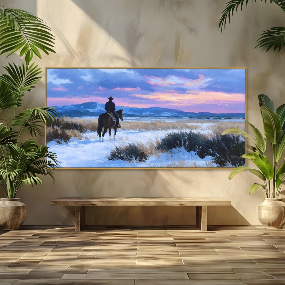 Tablou Canvas Premium, LuxCanva® M1532, Calaretul Singuratic, Calatorie, Aventura, Western, Cowboy, Armasar, Apus de Soare, Dormitor, Birou, Living, Camera Copil