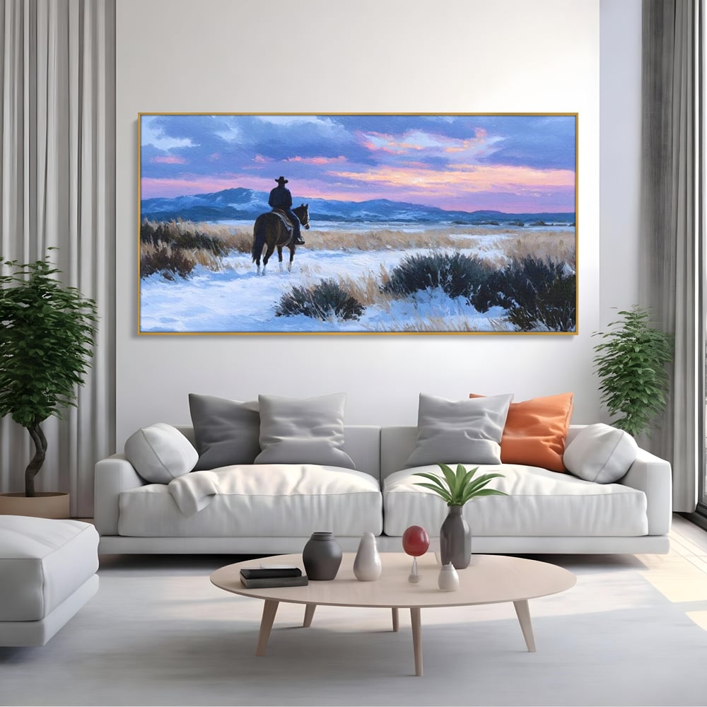 Tablou Canvas Premium, LuxCanva® M1532, Calaretul Singuratic, Calatorie, Aventura, Western, Cowboy, Armasar, Apus de Soare, Dormitor, Birou, Living, Camera Copil