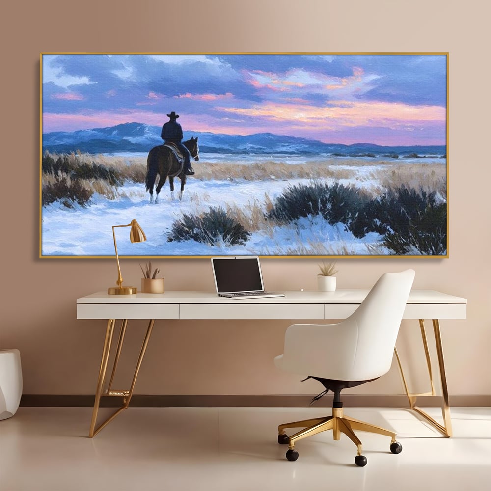 Tablou Canvas Premium, LuxCanva® M1532, Calaretul Singuratic, Calatorie, Aventura, Western, Cowboy, Armasar, Apus de Soare, Dormitor, Birou, Living, Camera Copil