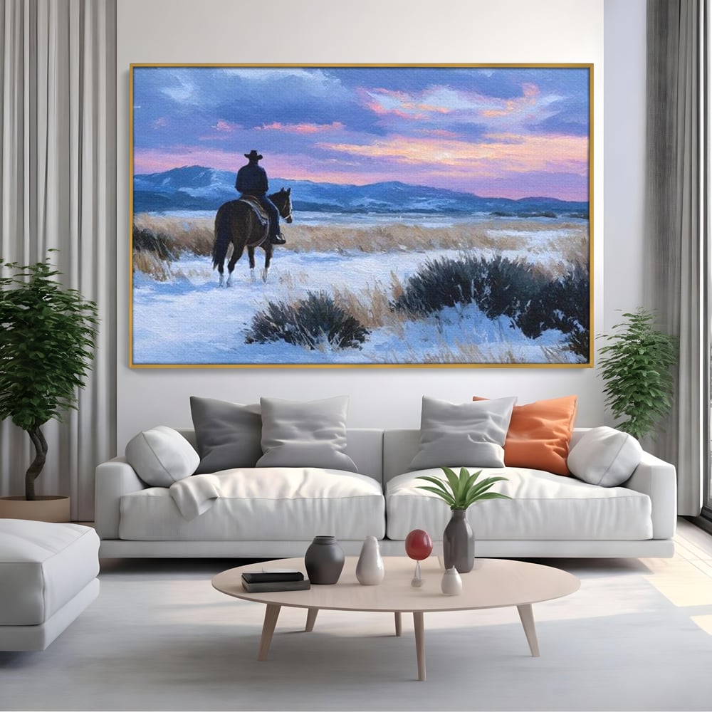 Tablou Canvas Premium, LuxCanva® M1532, Calaretul Singuratic, Calatorie, Aventura, Western, Cowboy, Armasar, Apus de Soare, Dormitor, Birou, Living, Camera Copil