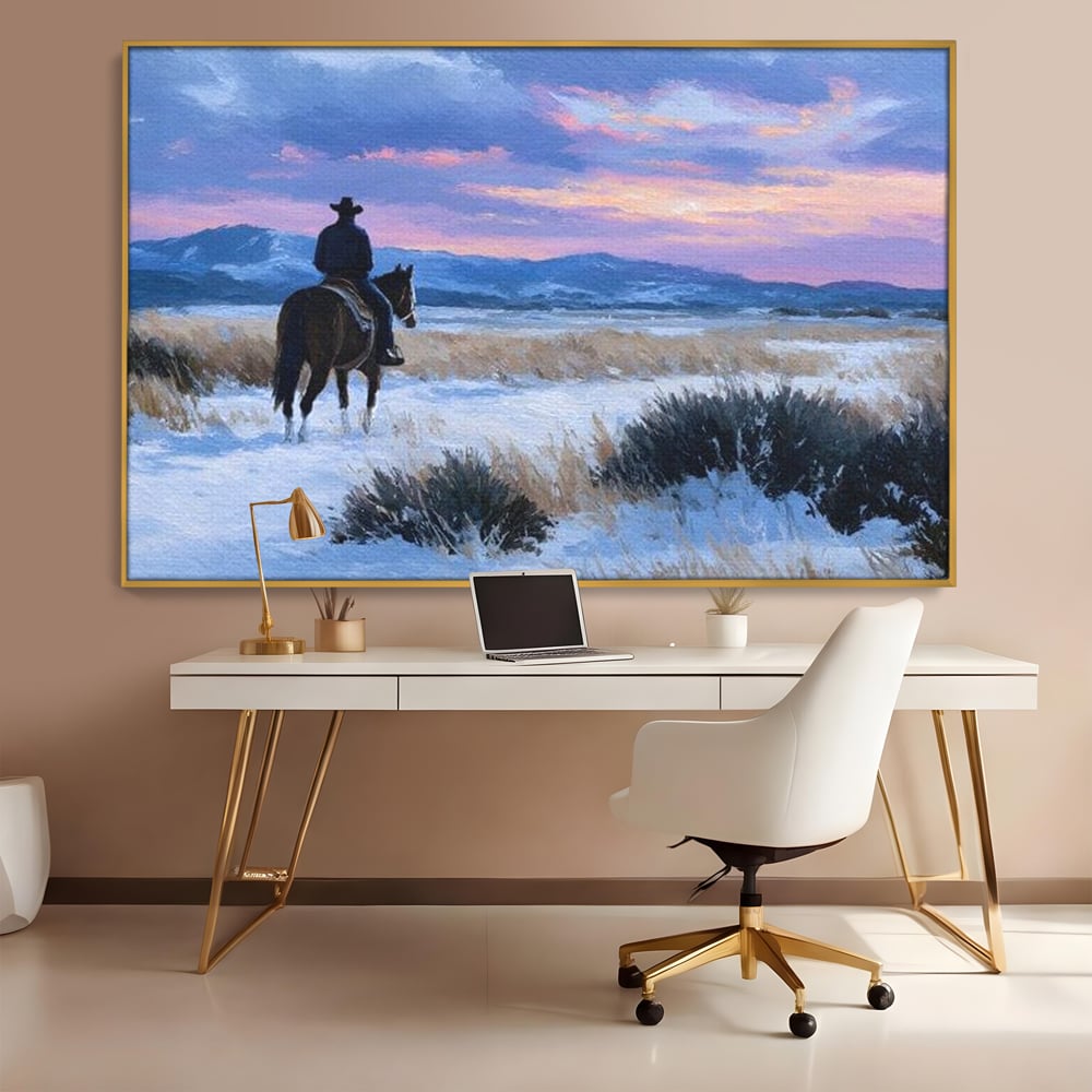 Tablou Canvas Premium, LuxCanva® M1532, Calaretul Singuratic, Calatorie, Aventura, Western, Cowboy, Armasar, Apus de Soare, Dormitor, Birou, Living, Camera Copil