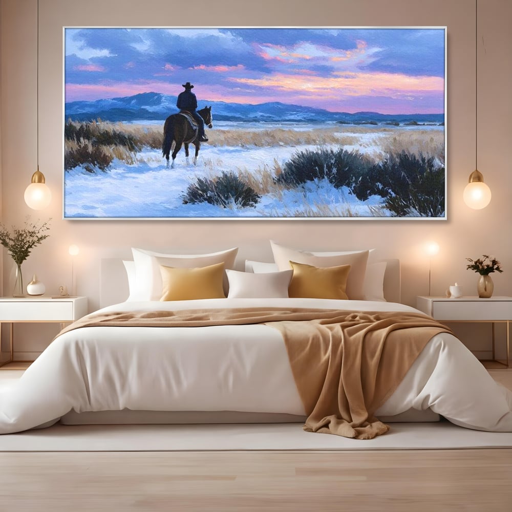 Tablou Canvas Premium, LuxCanva® M1532, Calaretul Singuratic, Calatorie, Aventura, Western, Cowboy, Armasar, Apus de Soare, Dormitor, Birou, Living, Camera Copil